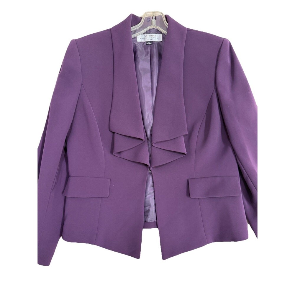 Tahari Arthur S Levine Purple Blazer Women 10P Petite Ruffle Open Front